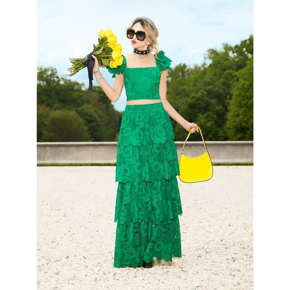 ALICE + OLIVIA TAWNY EMERALD GREEN EYELET RUFFLE CROP TOP WOMEN’S 10 NWT - Picture 4 of 6